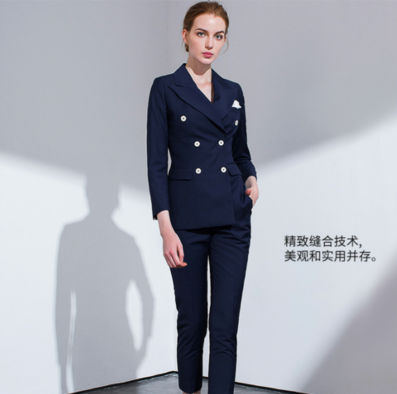 戗驳领藏青色双排六粒扣