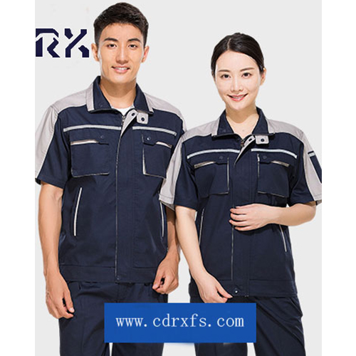 浅灰深蓝拼接短袖工作服套装
